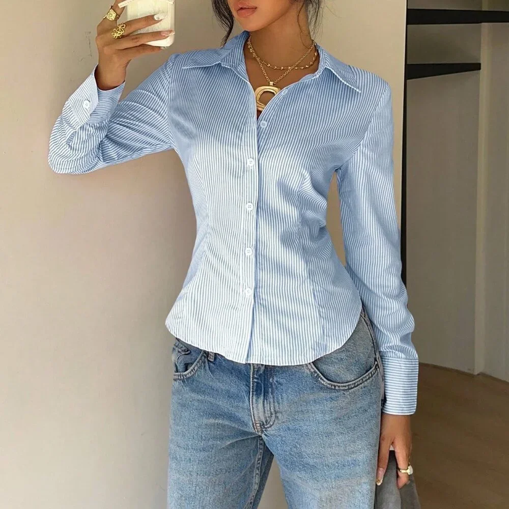 Blue Casual Women's Striped Tie-Waist Slim Fit Long Sleeve Shirt - Picture 6 of 6